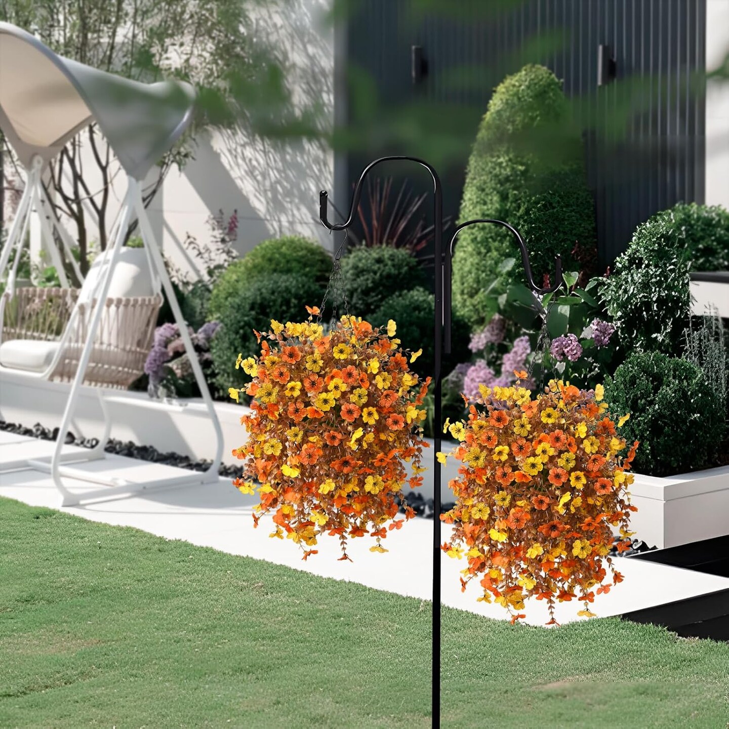 Artificial Faux Hanging Plants Flowers Basket for Outdoor Spring Decoration,Fake Silk Orange Mums planters UV Resistant Look Real for Home Porch Patio Balcony Yard Outside Summer Decor (Orange Yellow)