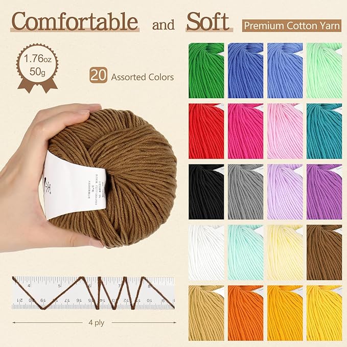 20 Skeins Cotton Yarn for Crocheting Knitting- Sport Weight Yarn 55% Cotton 45% Acrylic Yarn-Crochet Cotton Yarn w/Basic Instructions-Milk Cotton Yarn-Soft Knitting Yarn