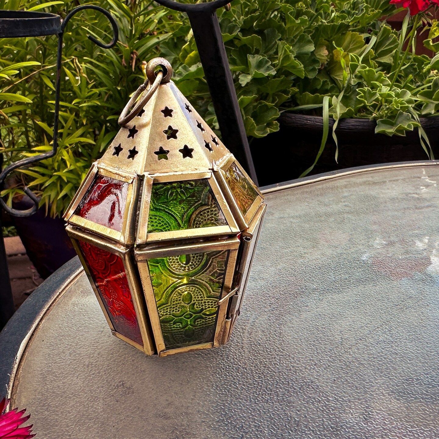 In the Breeze 9207 — Red, Yellow & Green Mini Hex Tealight Lantern — Moroccan-Style Boho Chic Tealight Glass and Metal Tabletop Lantern
