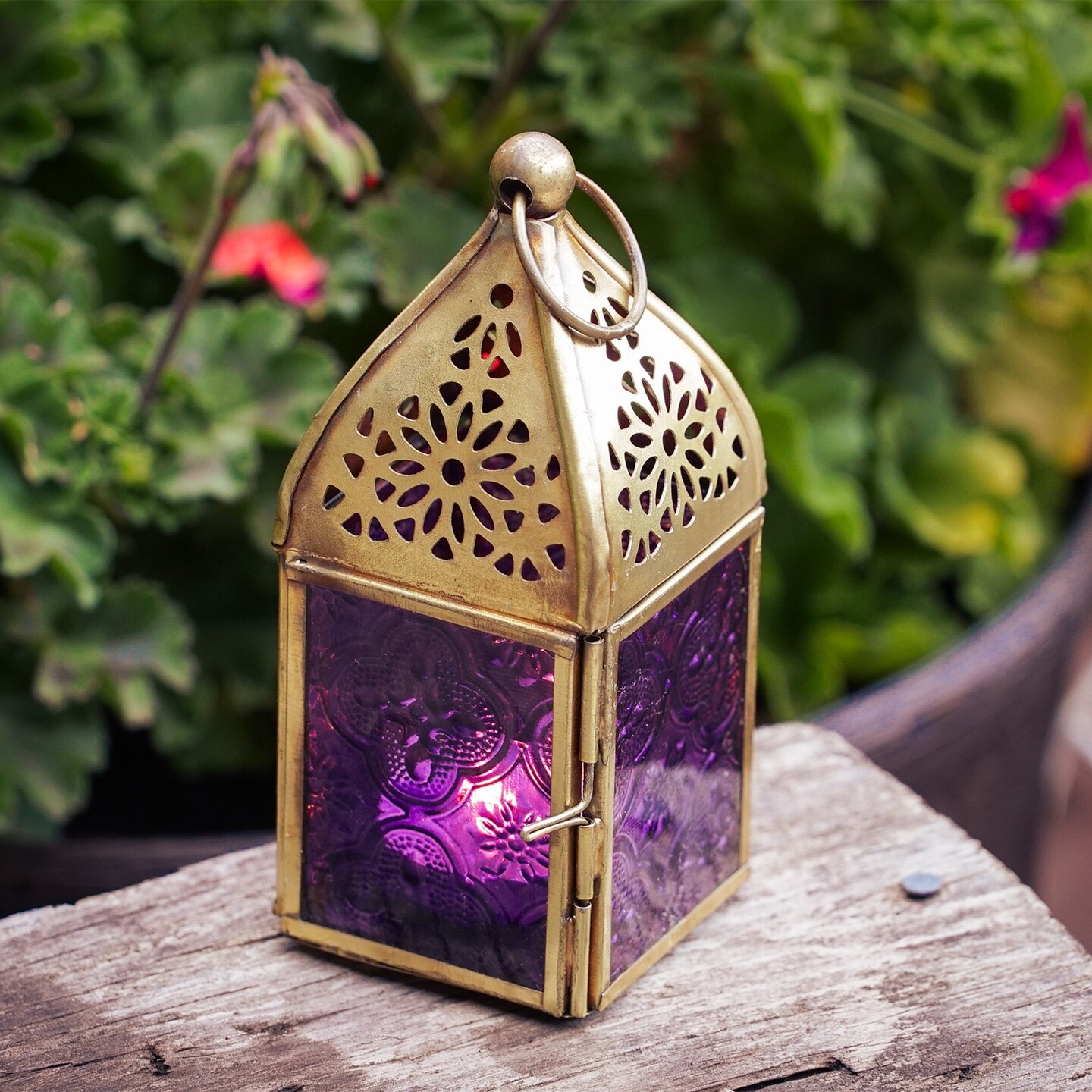In the Breeze 9203 &#x2014; Purple Mini Square Tealight Lantern &#x2014; Moroccan-Style Boho Chic Tealight Glass and Metal Tabletop Lantern