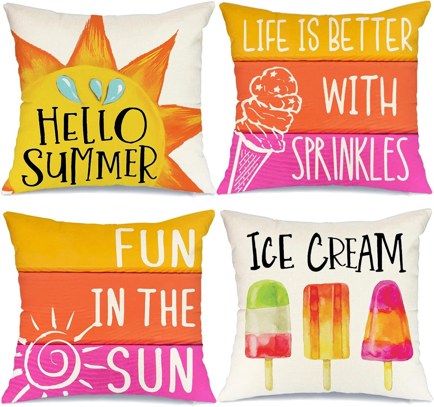 Summer Pillow Covers 18x18 Inch Set of 4 Popsicle Ice Cream Pillows Decorative Throw Pillows with Says Fun in The Sun Summer Decorations Farmhouse Decor Cushion Case for Sofa Couch G283-18