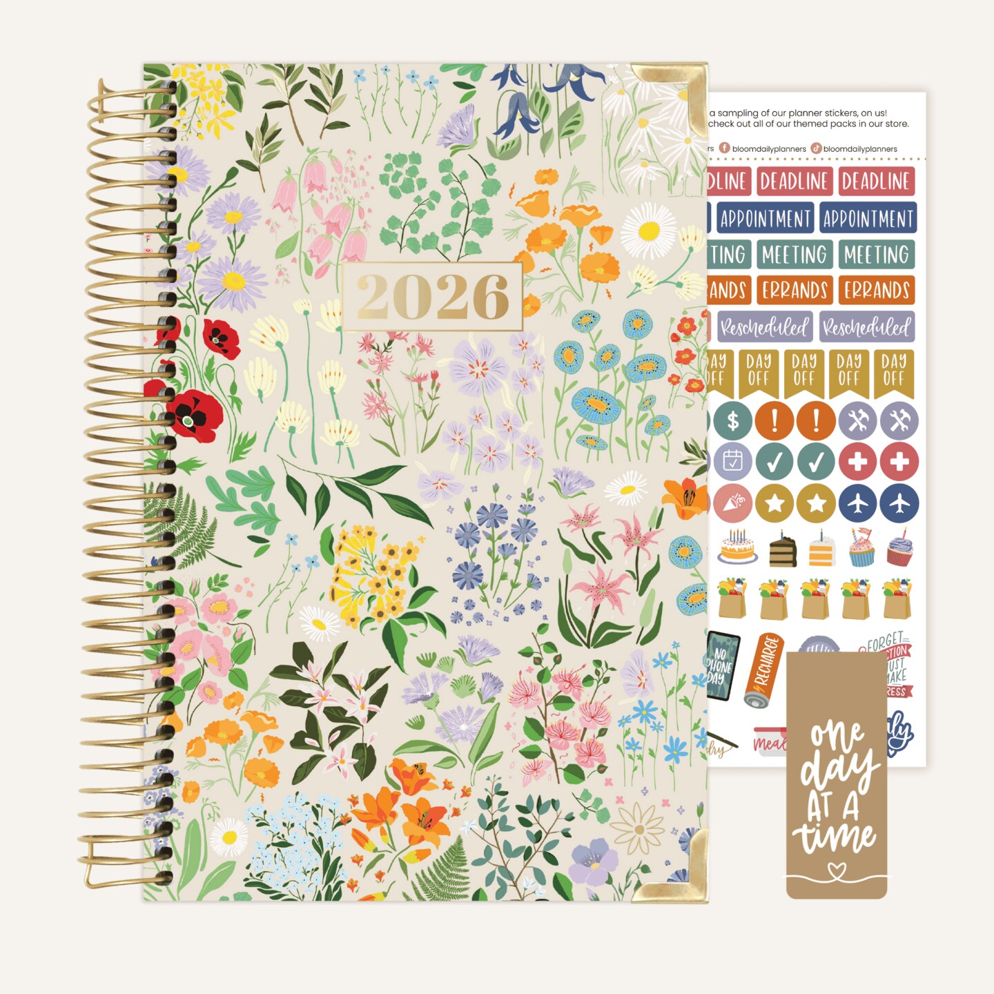 bloom daily planners 2026 Hard Cover Weekly & Monthly Planner, 5.5" x 8.25", Garden Party, Beige