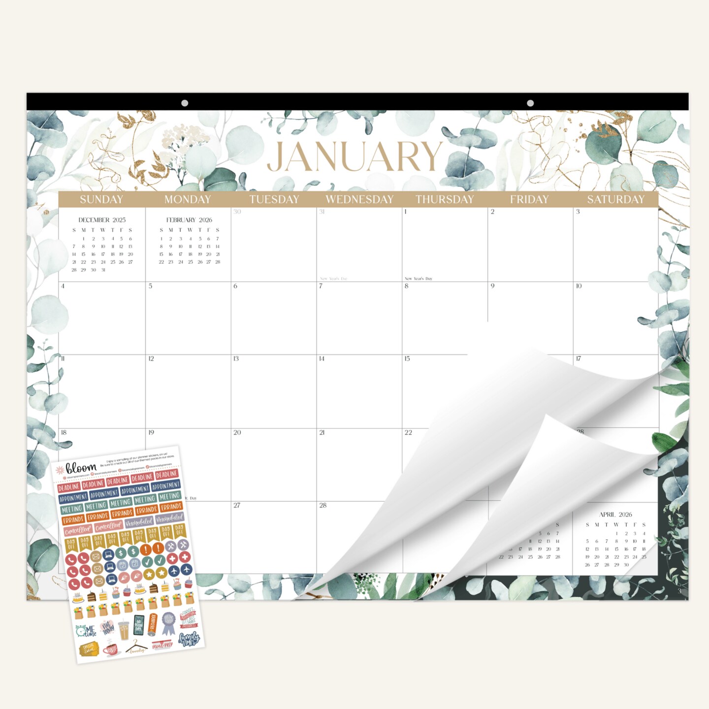 bloom daily planners 2026 Desk & Wall Calendar, 16" x 21", Greenery