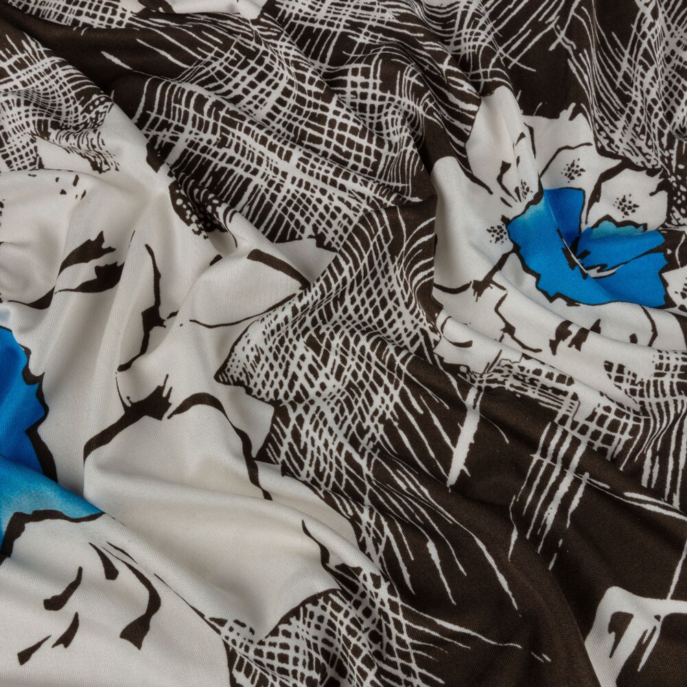 1 Yard Multicolor Flowers and Crosshatching Silk Jersey 44" Wide, Tropical Floral Fabric for Dresses, Tops, Skirts