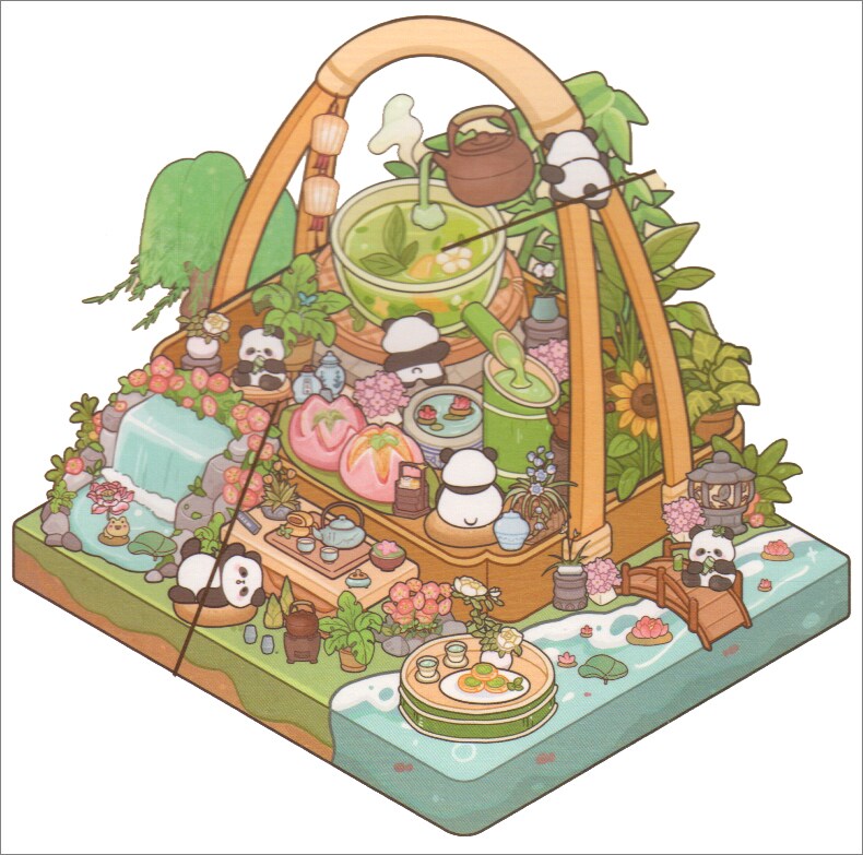 Pandas and Orange Tea Isometric Stickers, 3D Landscape Activity, Adorabilities