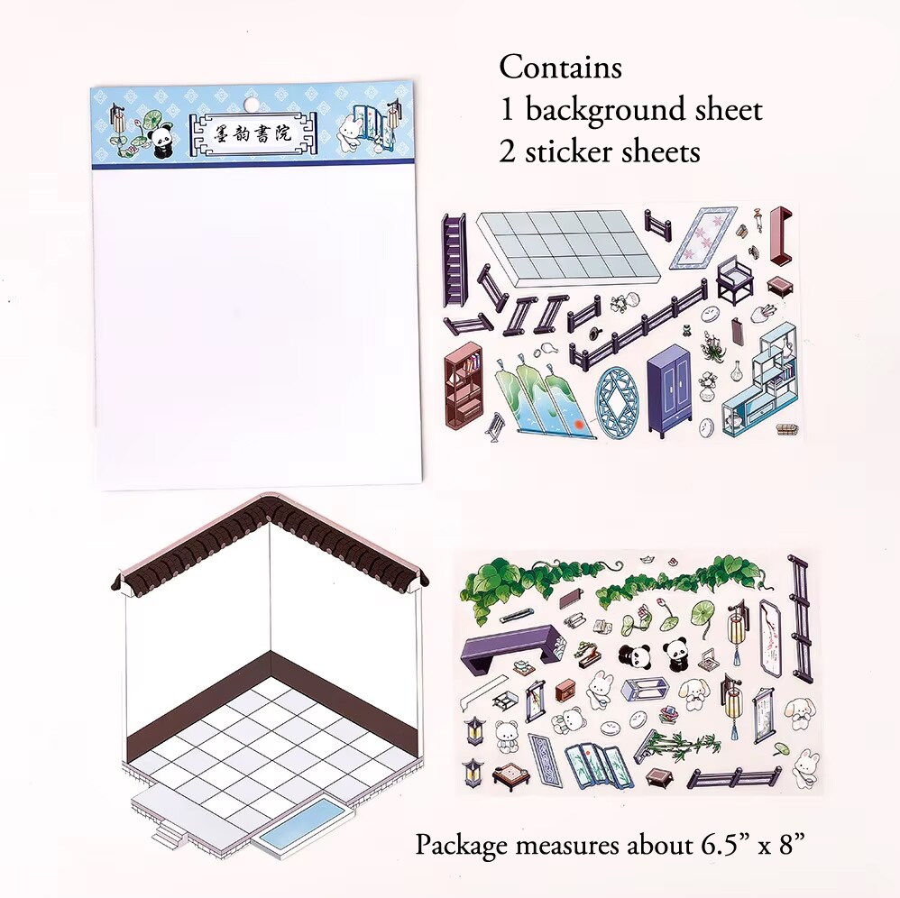 Room Scene Stickers with Cute Animals, Isometric Landscape, Adorabilities