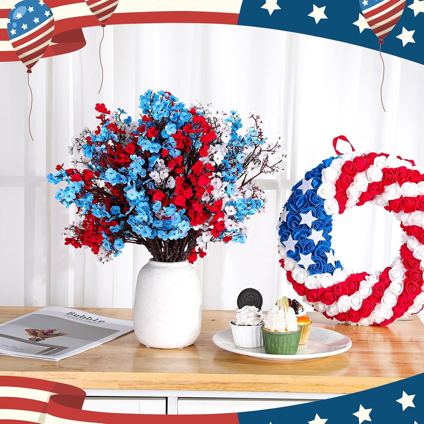 21 Pcs 4th of July Artificial Flowers, Red Blue White Patriotic Decorations Fake Flowers Home Decor Floral Arrangement for Veterans Day