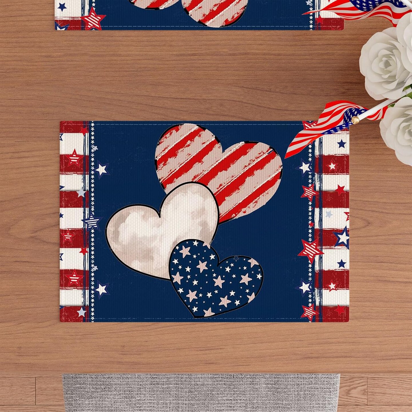 Heart Stripe Stars 4th of July Placemats Set of 4 12x18 Inch Patriotic America Memorial Day