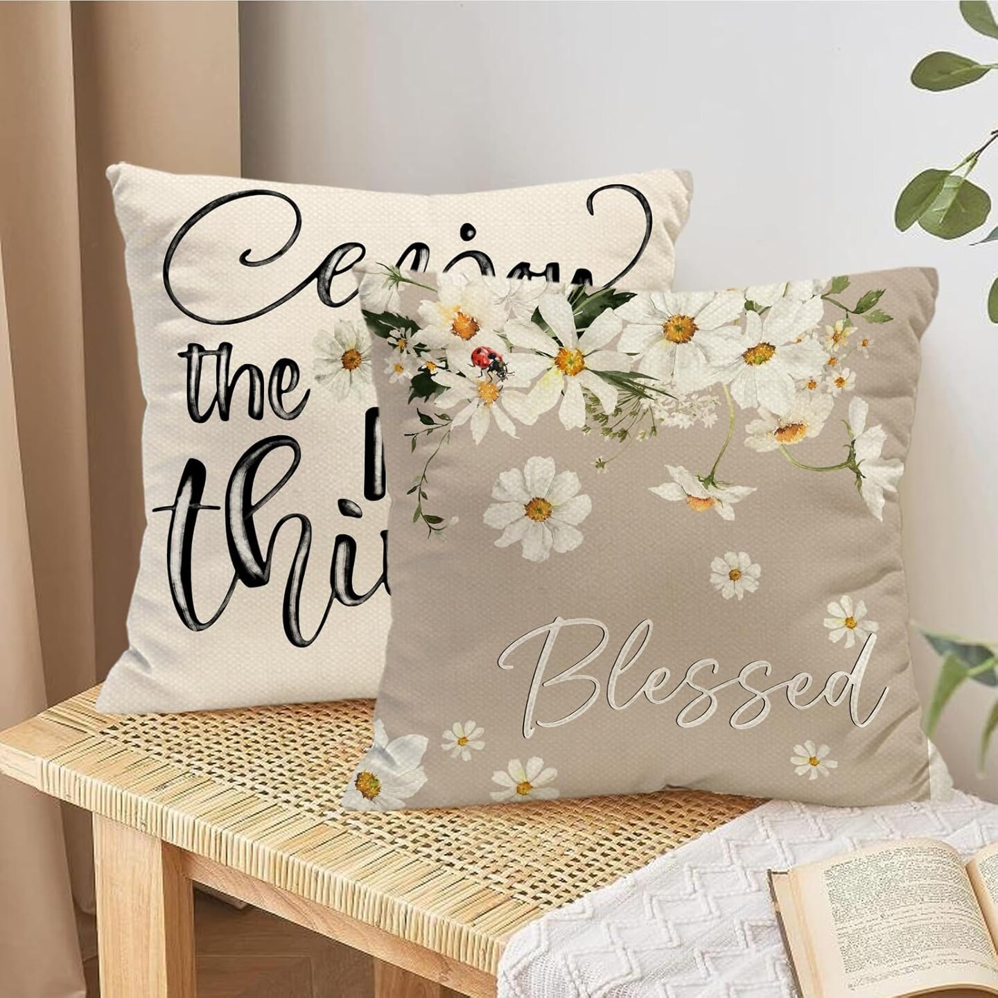 Spring Summer Throw Pillow Covers 18 x 18 Inch Bless My Blooms Pillow Case White Daisy Enjoy The Little Things Farmhouse Seasonal Cushion Case Decoration for Sofa Couch Set of 4
