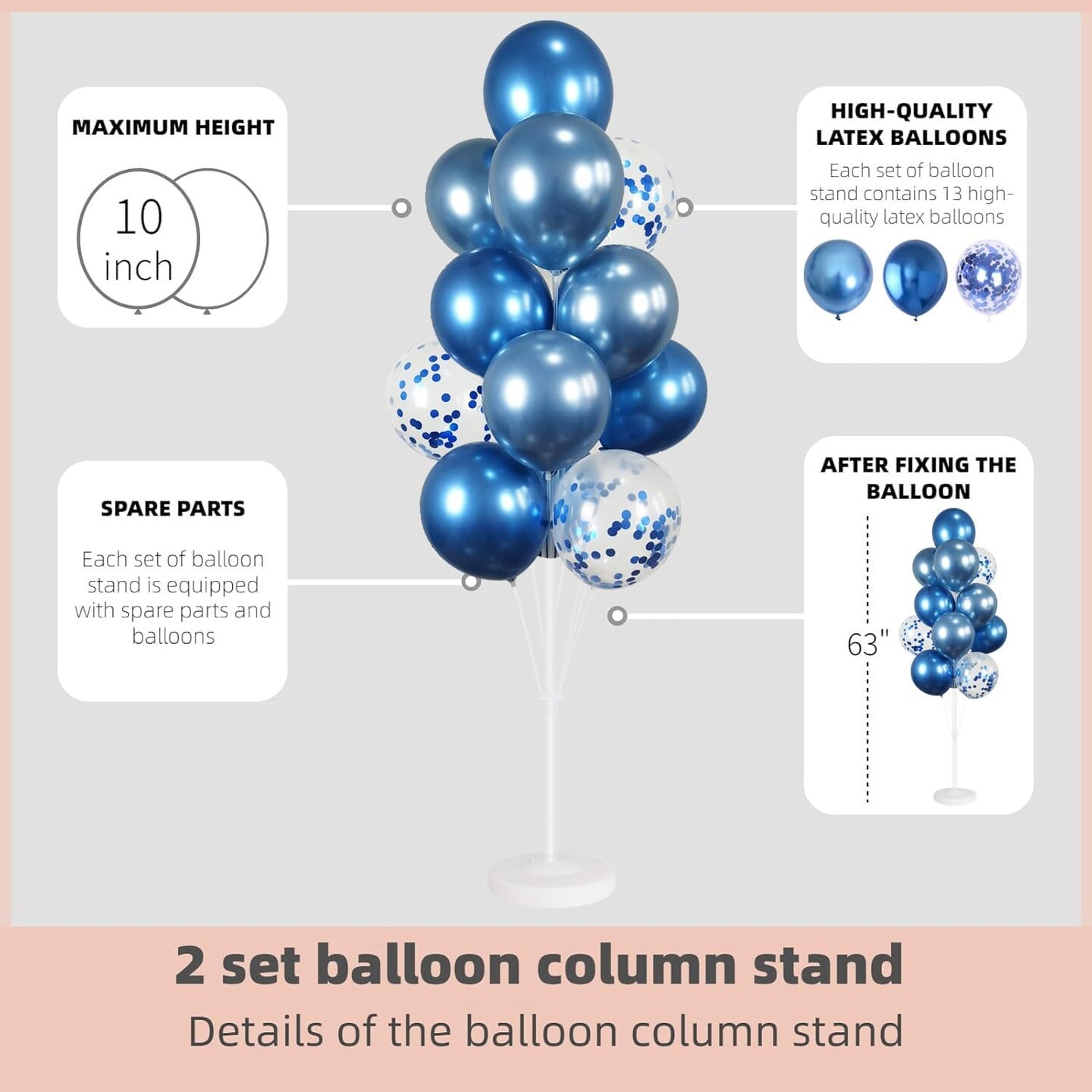 Balloon Column Kit Set of 2 With Confetti Balloons Included - Metallic Blue Balloon Tower with Stand, Base, and Pole,Backdrop Decoration for Wedding, Baby Shower, Birthday Party, or Bachelorette Party