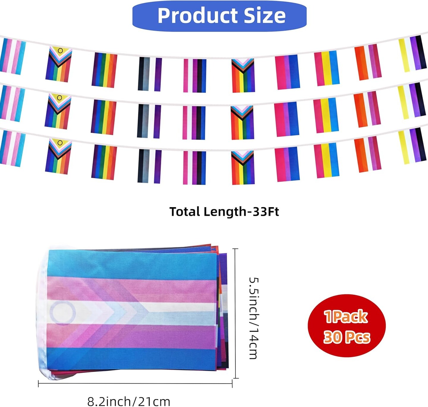 Rainbow Progress Small String Flags, 10 Types Rainbow Pride Pennant Banner Bunting Flags, LGBTQ and Gay Lesbian Pride, intersex, Bisexual, Pansexual, Transgender, Pride Month Outdoor Decorations, 33 Feet 30 Flags (1 Pack)