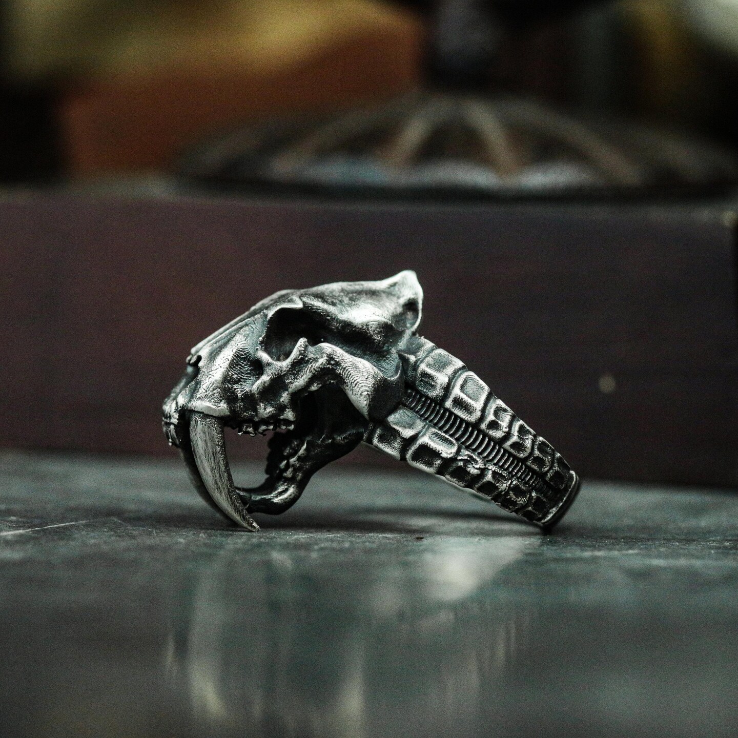 Saber-tooth Tiger Skull Ring - 925 Silver Handmade