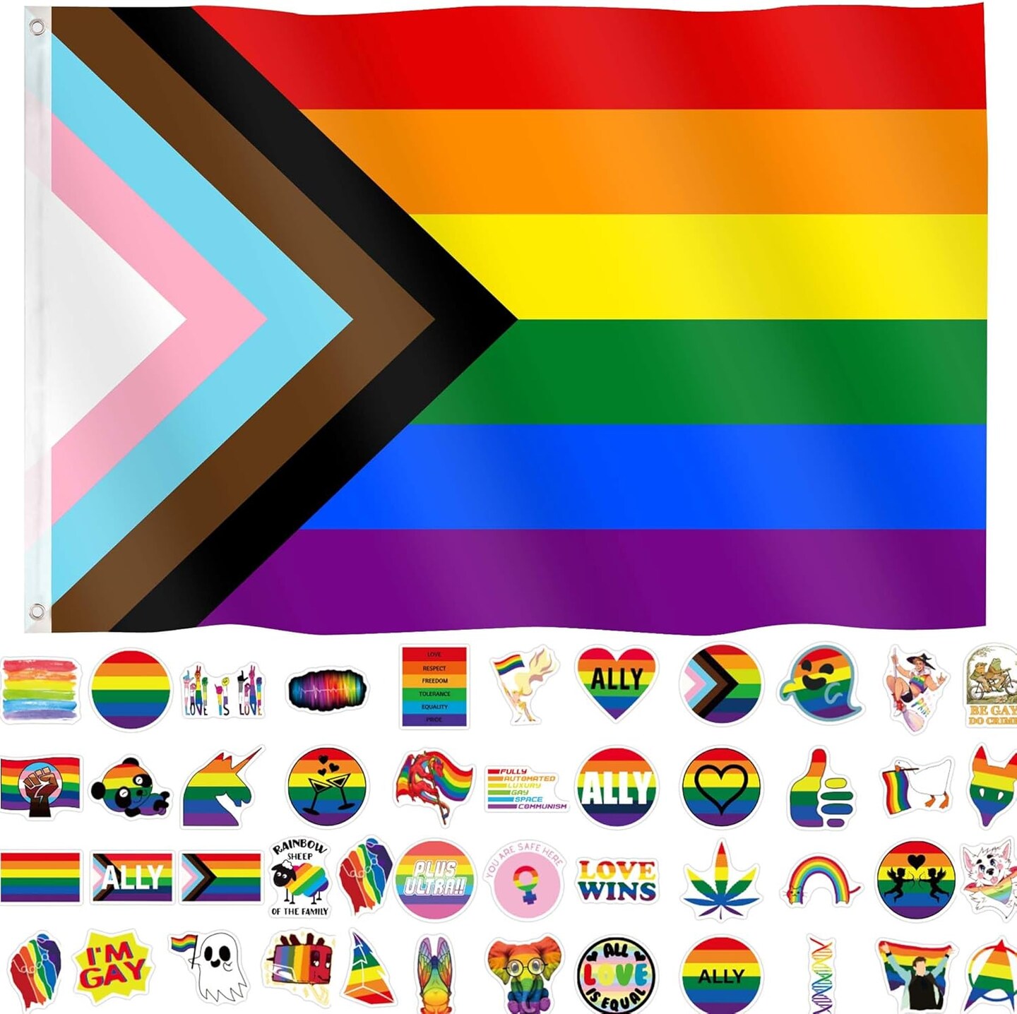 Progress Pride Flag 3x5 Feet LGBTQ Pride Month Accessories Gay LGBT Community Support Gay Pride Rainbow Flag Banner Decorations for Parades Party with 60 Stikers