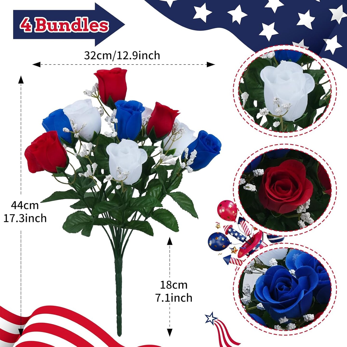 4 bundle set of artificial rosebud stems in red white and blue featuring 9 stems per bundle perfect for patriotic memorial bouquets cemetery decorations and celebrations for Memorial Day Veterans Day and Independence Day