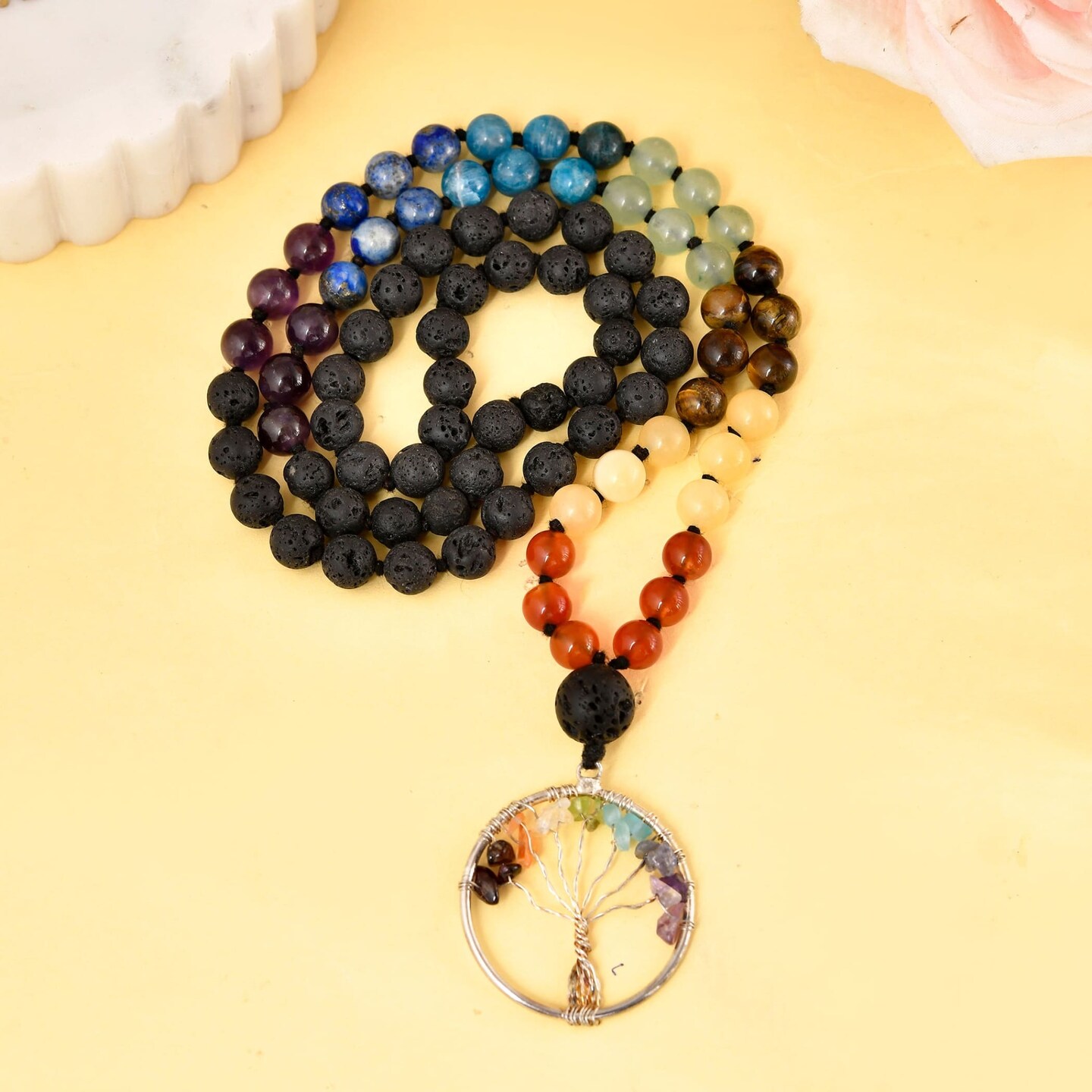 108 Mala Beads Necklace 7 Chakra Tree of Life Lava Rock Stone Natural Healing Crystal Gemstones Yoga Meditation Japa Mala Beaded Life Tree Pendant Hand Knotted Prayer Beads Rosary Jewelry