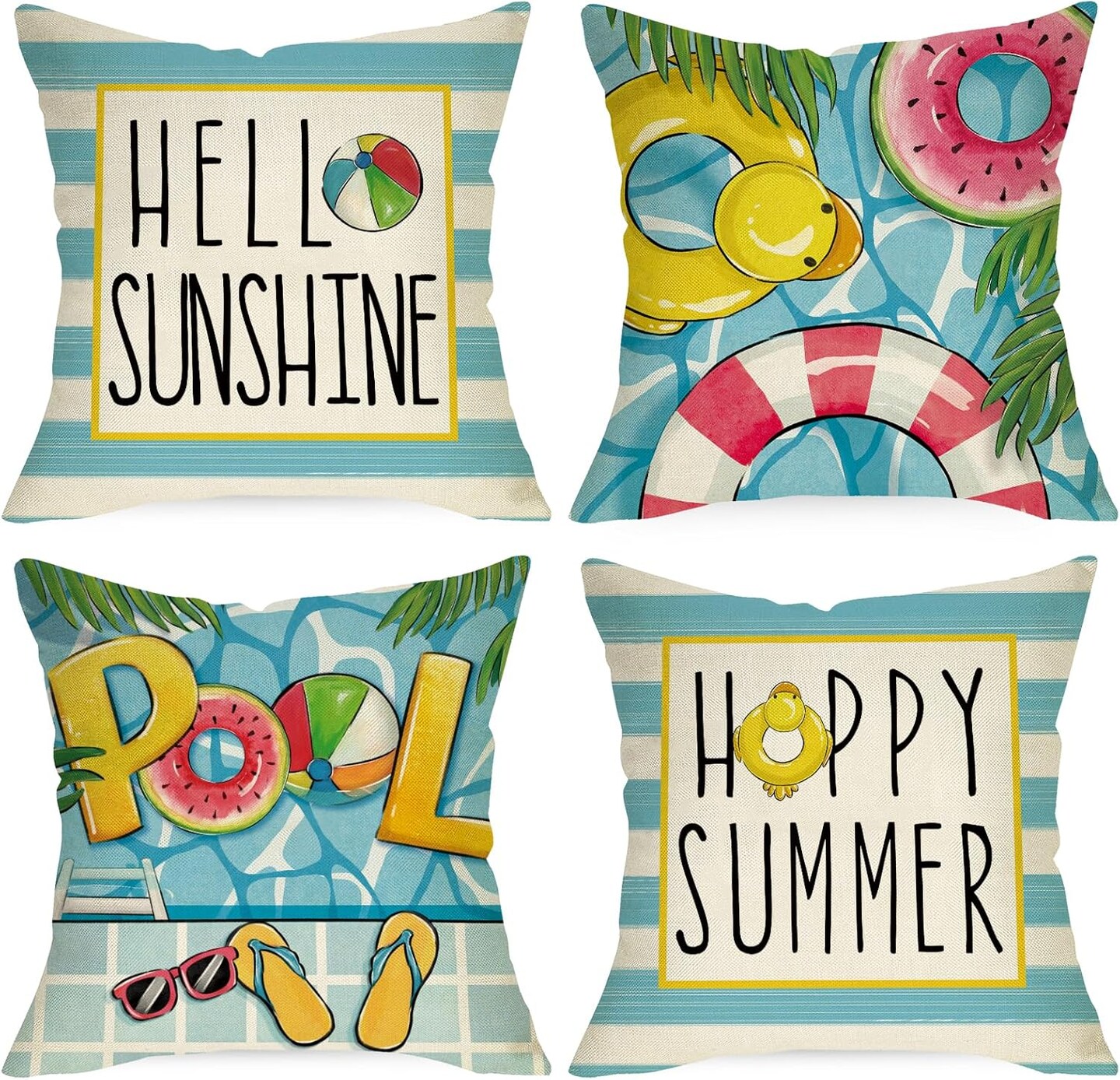 Hello Sunshine Pool Decorative Throw Pillow Covers 18x18 Set of 4, Happy Summer Duck Watermelon Swimming Ring Cushion Case Decor, Blue Stripes Flip Flops Seasonal Home Decoration for Sofa Couch