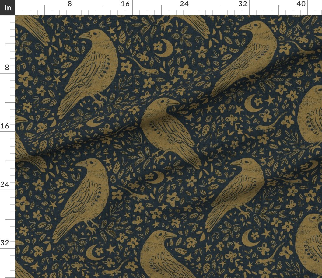 Various Fabrics by the Yard or Fat Quarter Dark Raven Gothic Floral Crow Corvid Witchy Boho Crescent Moon Lunar Cycle Faded Gold Custom Printed Fabric by Spoonflower