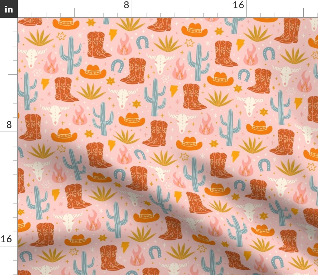 Pink Southwestern Cowgirl Boots Bright Blush Rustic Boho Western Country Custom Printed Fabric by Spoonflower Various Fabrics by the Yard or Fat Quarter