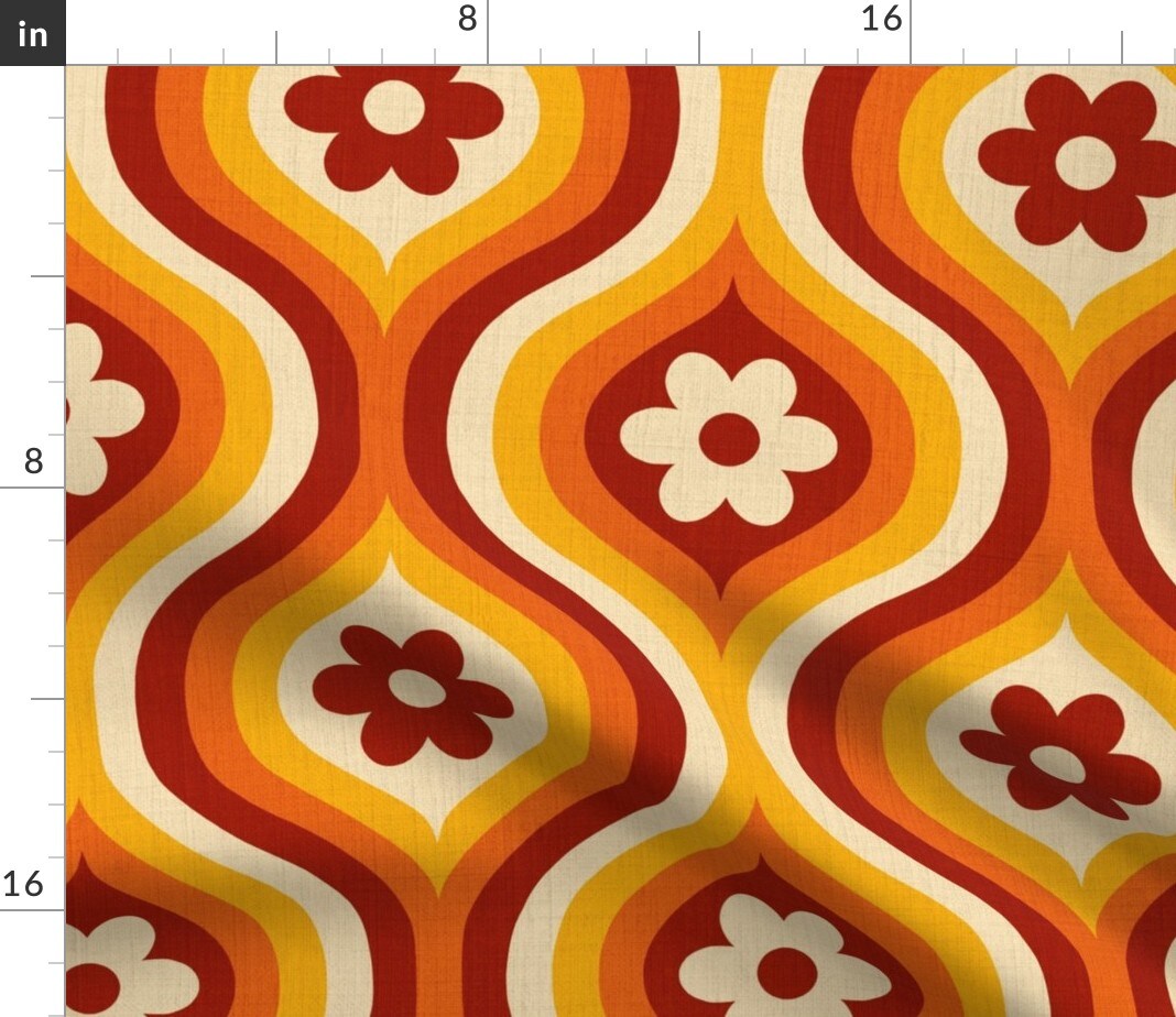 Flower Power Yellow Floral Red Retro Ogee Orange Geometric 1970S 1960S 60S Hippie Flowers Custom Printed Fabric by Spoonflower Various Fabrics by the Yard or Fat Quarter 13410182