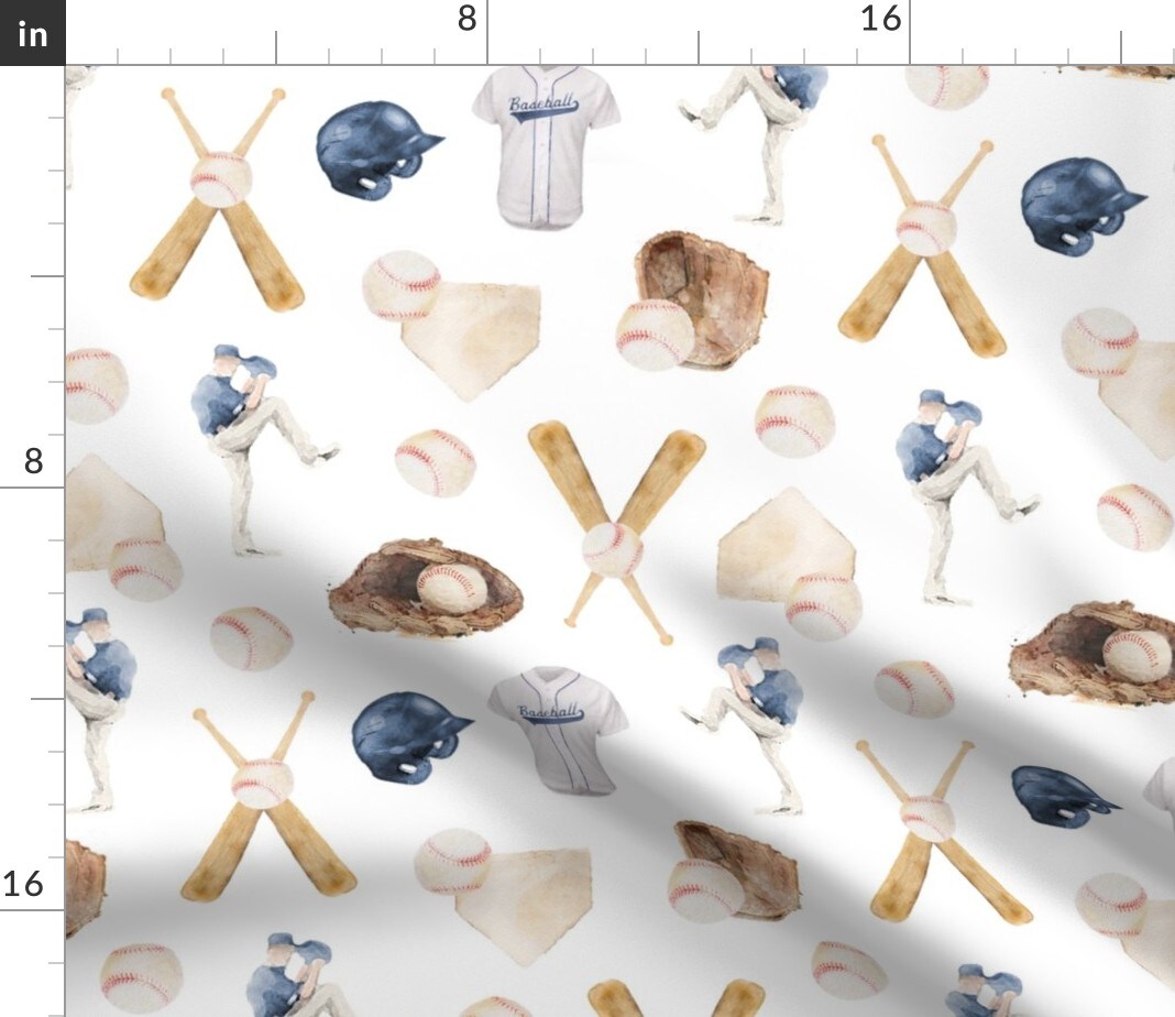 Baseball Watercolor Summer Sports Batter Up Bat Ball Helmet Jersey Custom Printed Fabric by Spoonflower Various Fabrics by the Yard or Fat Quarter
