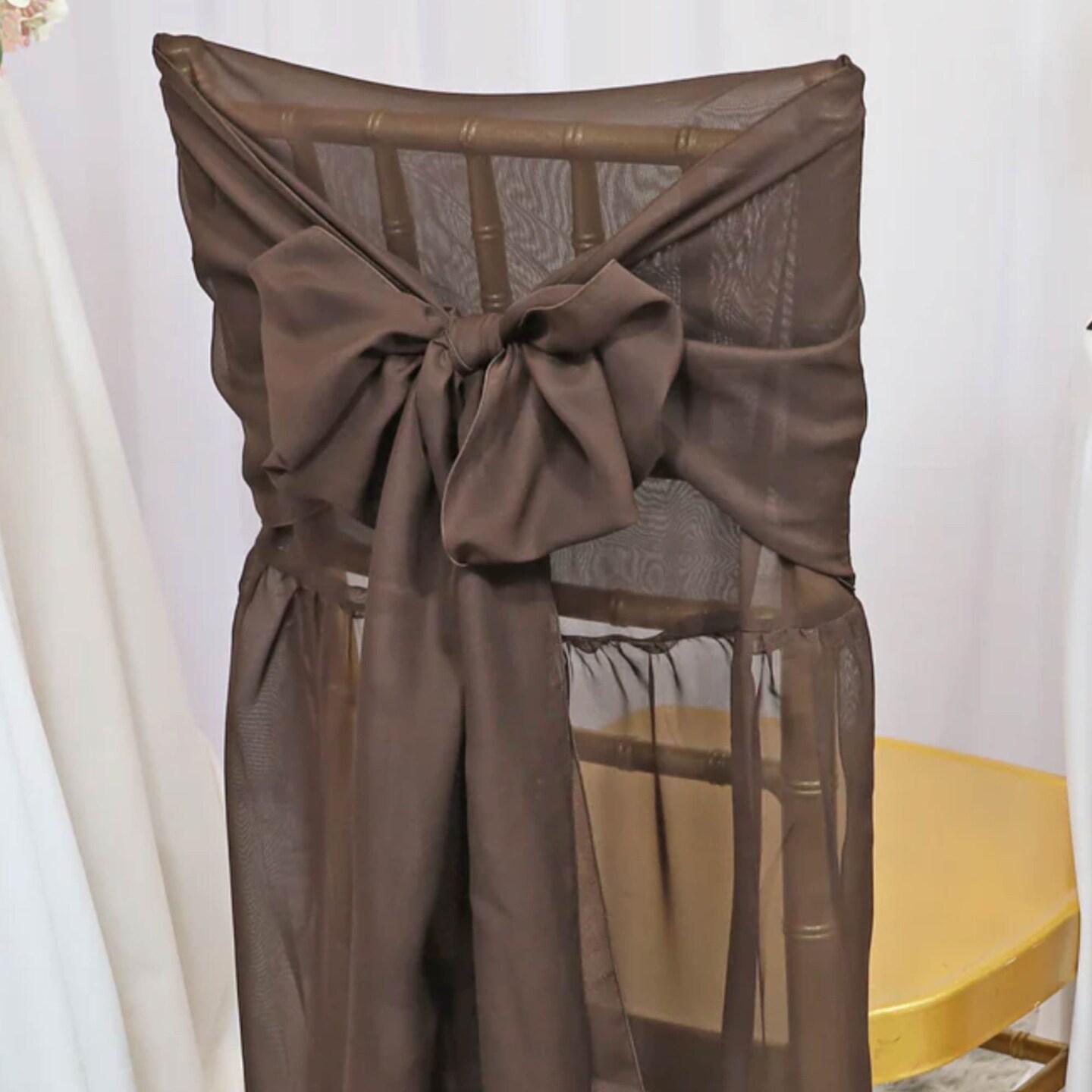 1 Piece Chocolate Chiffon Chair Back Drape with Sash Chiavari Chair Accent