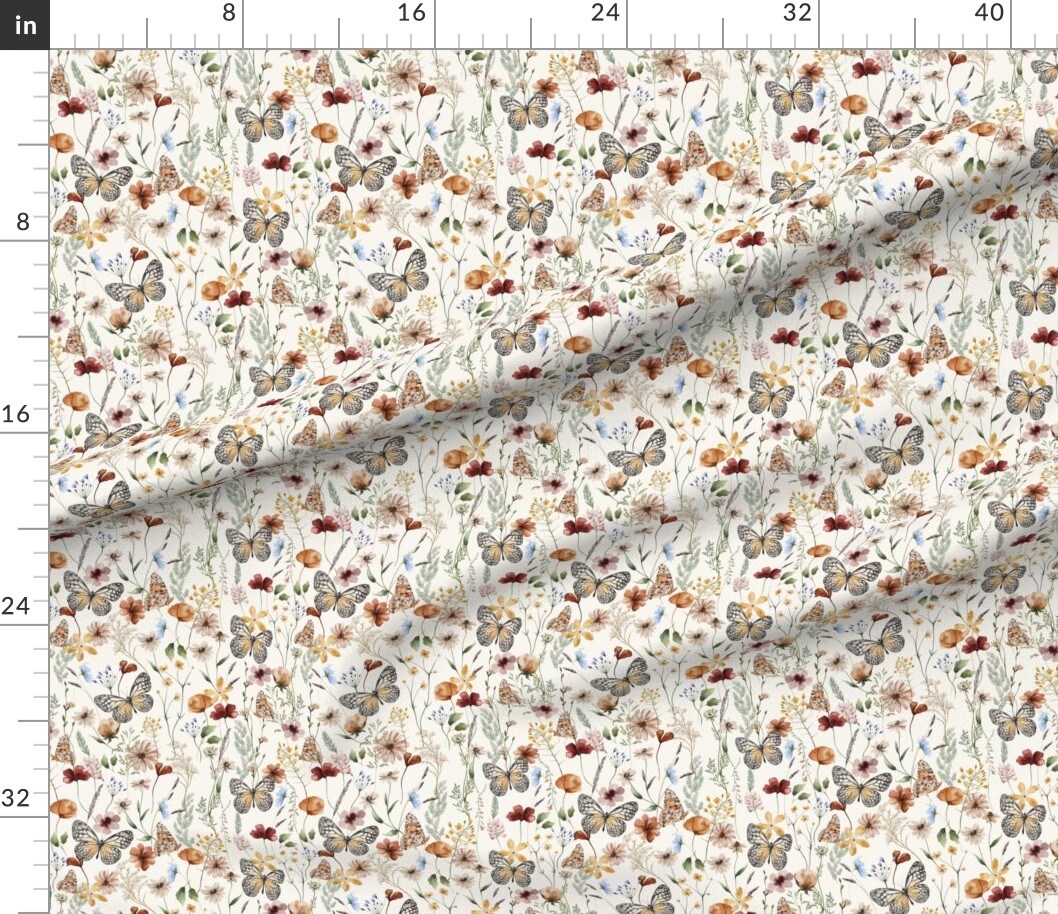 Various Fabrics by the Yard or Fat Quarter Rustic Floral Neutral Botanical Garden Bloom Meadow Wildflower Butterfly Watercolor Farmhouse Custom Printed Fabric by Spoonflower
