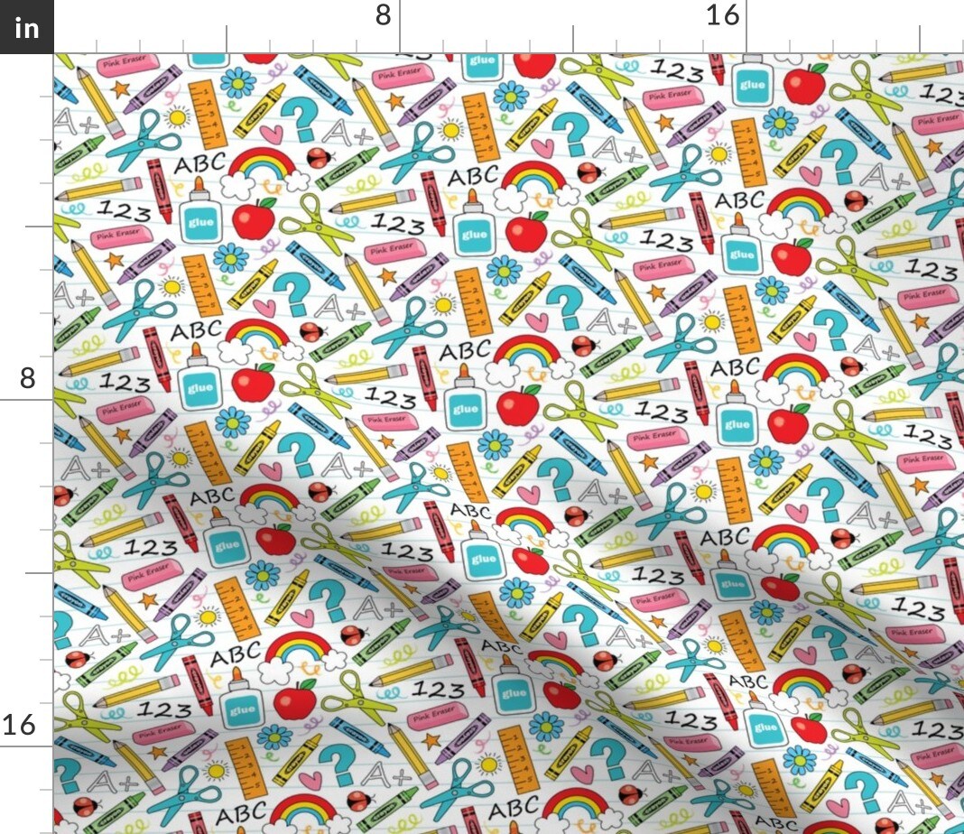Small School Supplies White Teacher Pencil Rainbow Student Abcs Education Custom Printed Fabric by Spoonflower Various Fabrics by the Yard or Fat Quarter