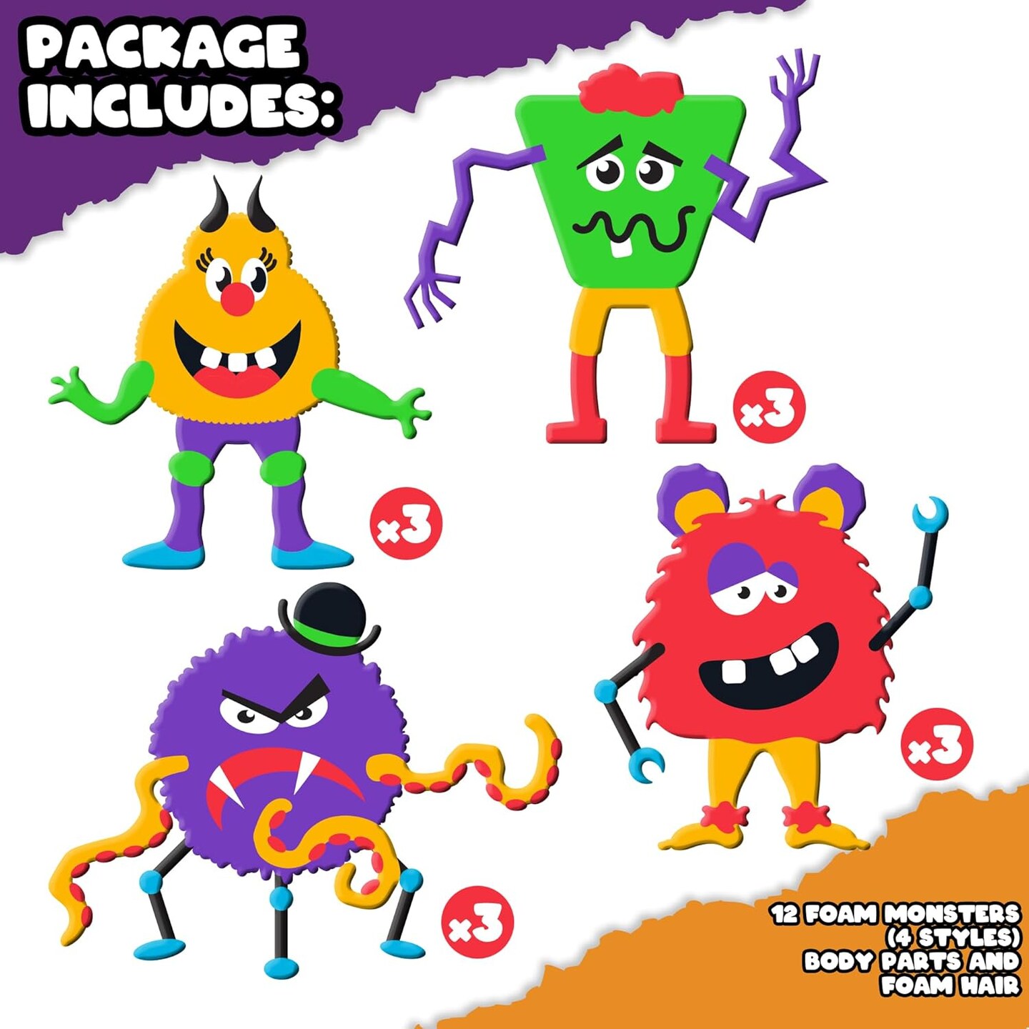 12 Sets -DIY Foam Monster Craft Kit, Mess-Free Arts and Crafts Activity for Kids
