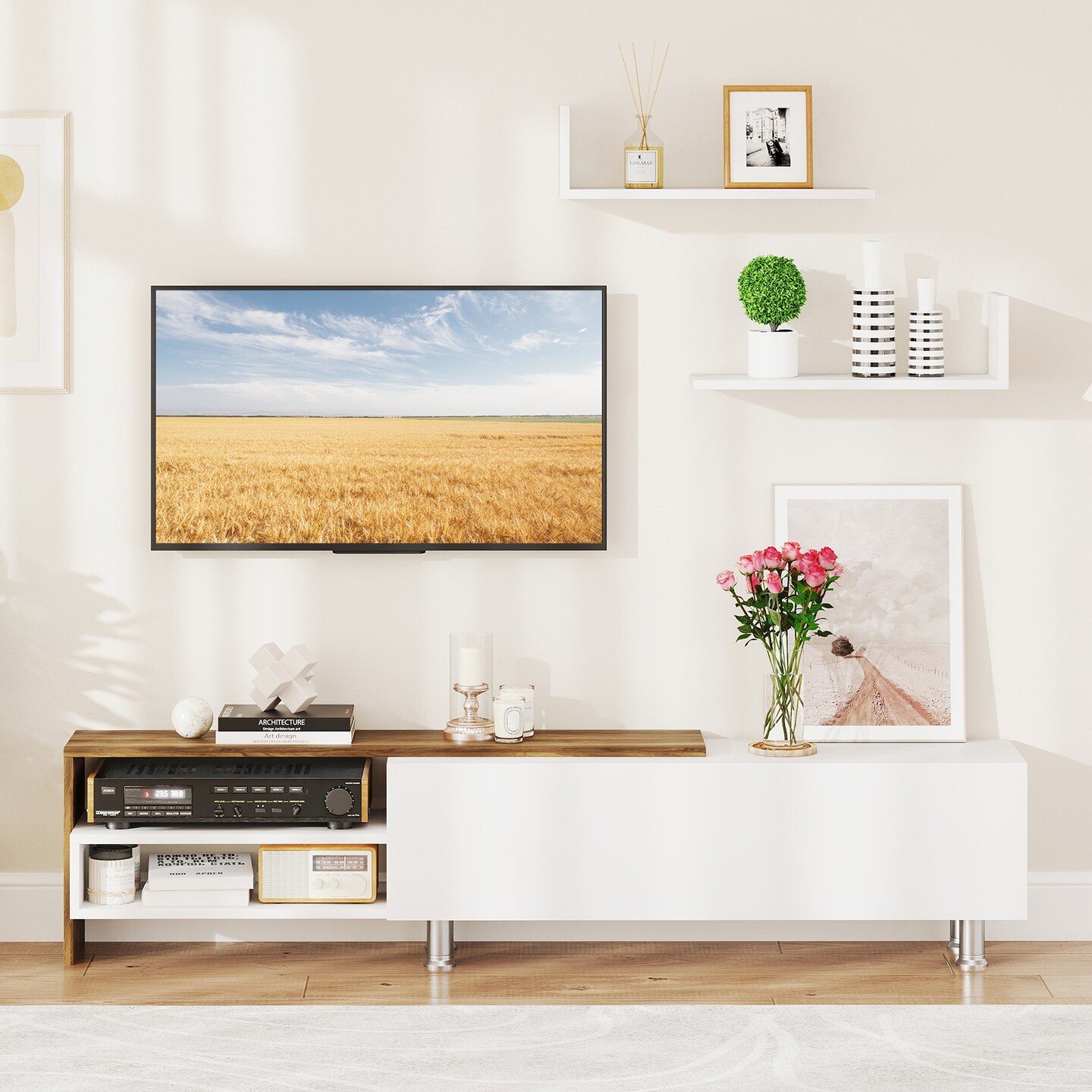 Modern Farmhouse TV Stand for 80” TV with Wall-Mounted Shelves and Flip-Down Cabinet Storage