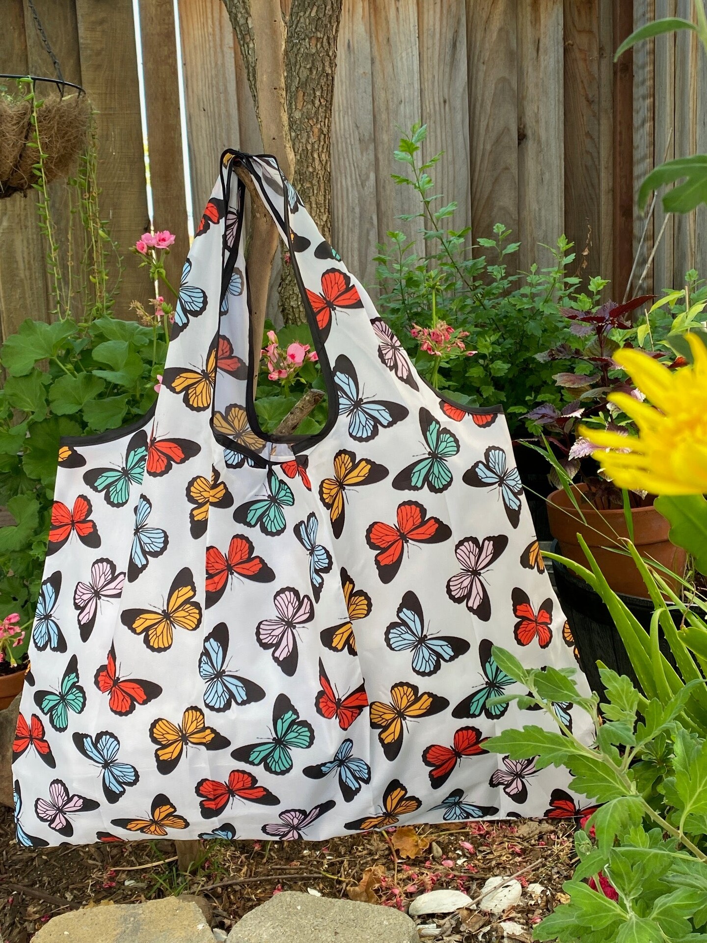 Wrapables Large Foldable Tote Nylon Reusable Grocery Bags, Rainbow Butterflies