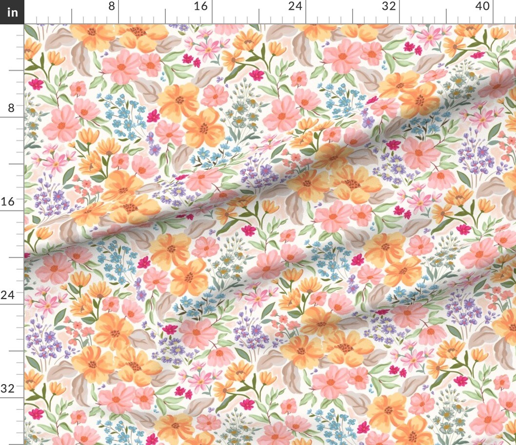 Large Scale Floral Pastel Wildflowers Spring Flowers Summer Meadow Painted Blooms Custom Printed Fabric by Spoonflower Various Fabrics by the Yard or Fat Quarter