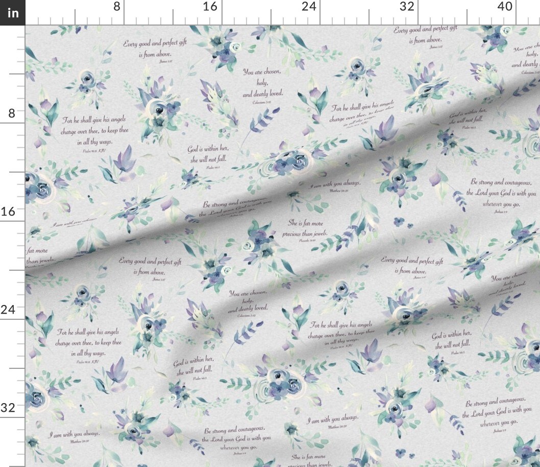 Floral Bible Verse Religious Scripture Christian Psalm Religion Flowers Blue Custom Printed Fabric by Spoonflower Various Fabrics by the Yard or Fat Quarter