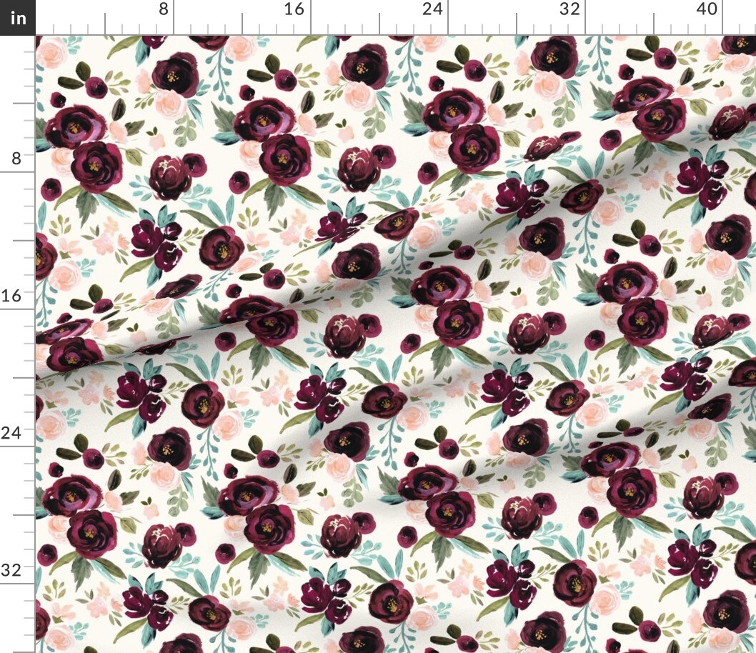Rose Floral Plum Maroon Deep Red Olive Boho Peach Vintage Watercolor Custom Printed Fabric by Spoonflower Various Fabrics by the Yard or Fat Quarter