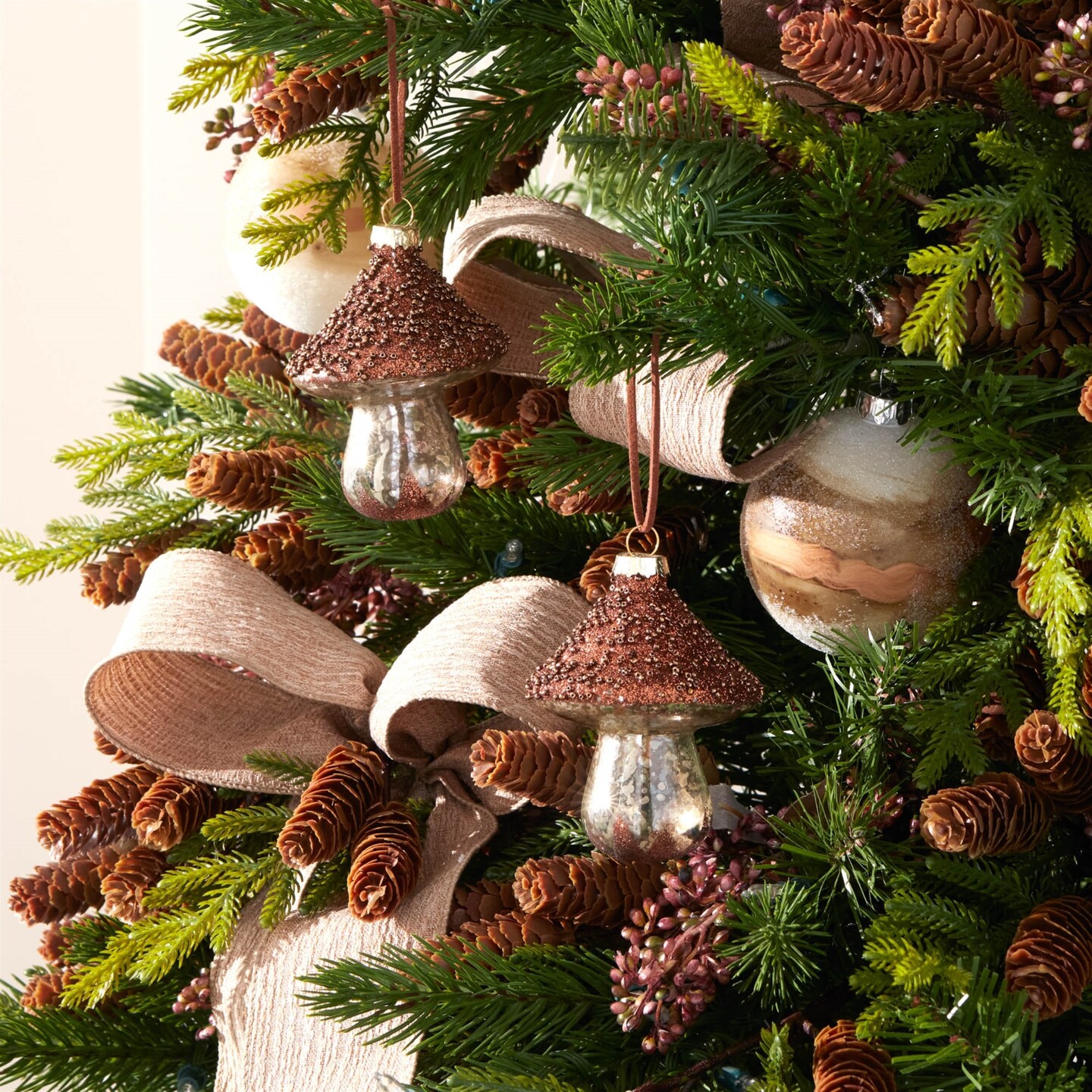 Melrose Beaded Mushroom Glass Christmas Ornaments - 4&#x22; - Brown - 6ct