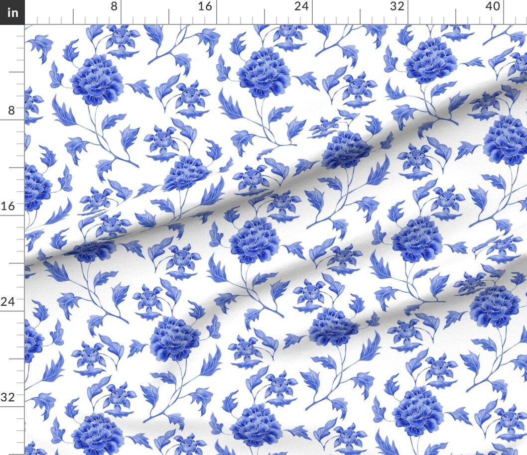 Various Fabrics by the Yard or Fat Quarter Chinoiserie Peony Chinese Blue White Pot Custom Printed Fabric by Spoonflower