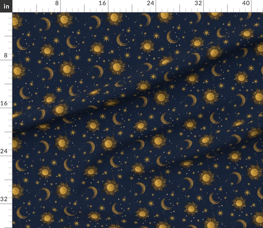 Night Sky Blue Yellow Sun Moon Stars Gothic Space Custom Printed Fabric by Spoonflower Various Fabrics by the Yard or Fat Quarter