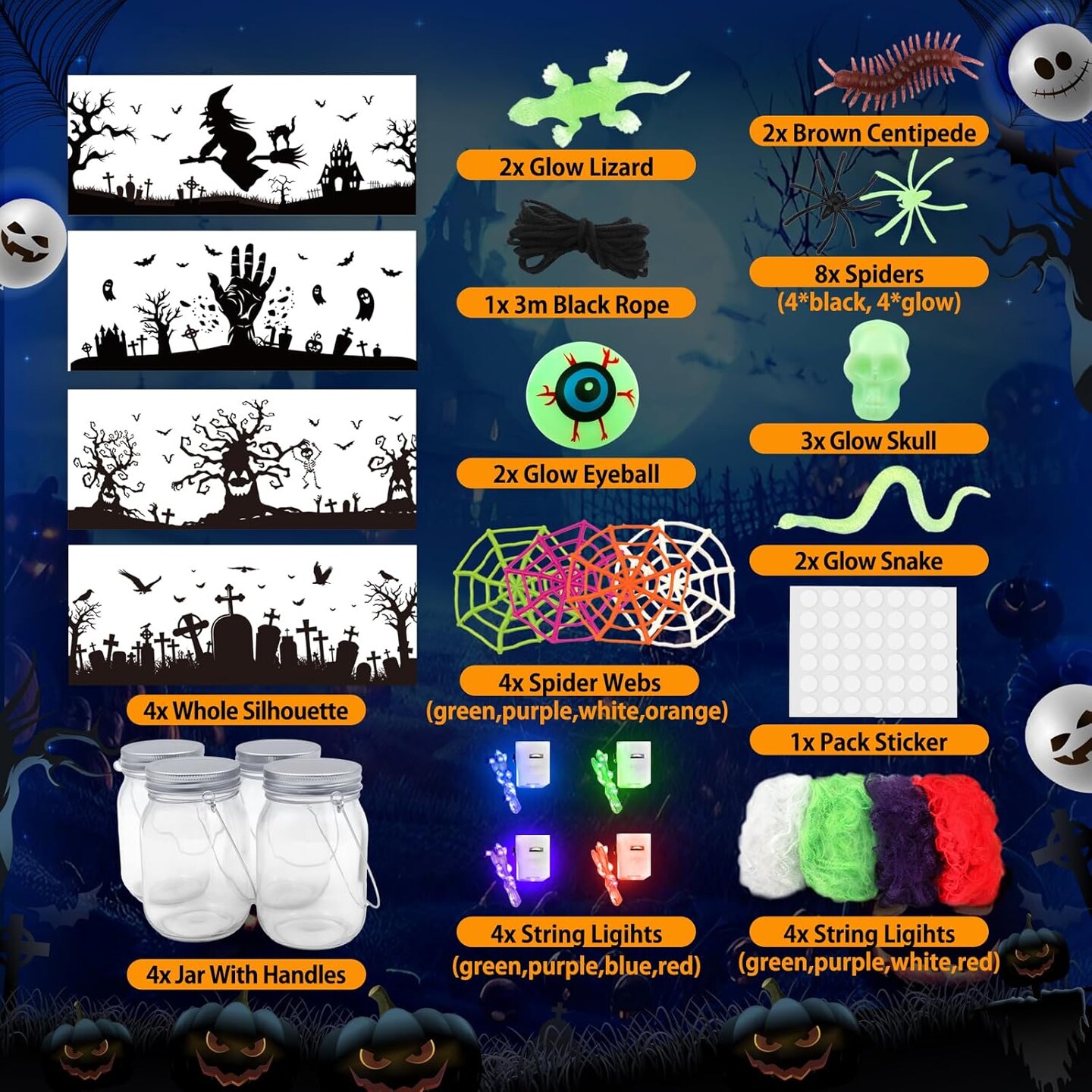 SpringFlower Halloween Mason Jar Craft Kit - DIY Lantern Making With Glow In Dark Toys