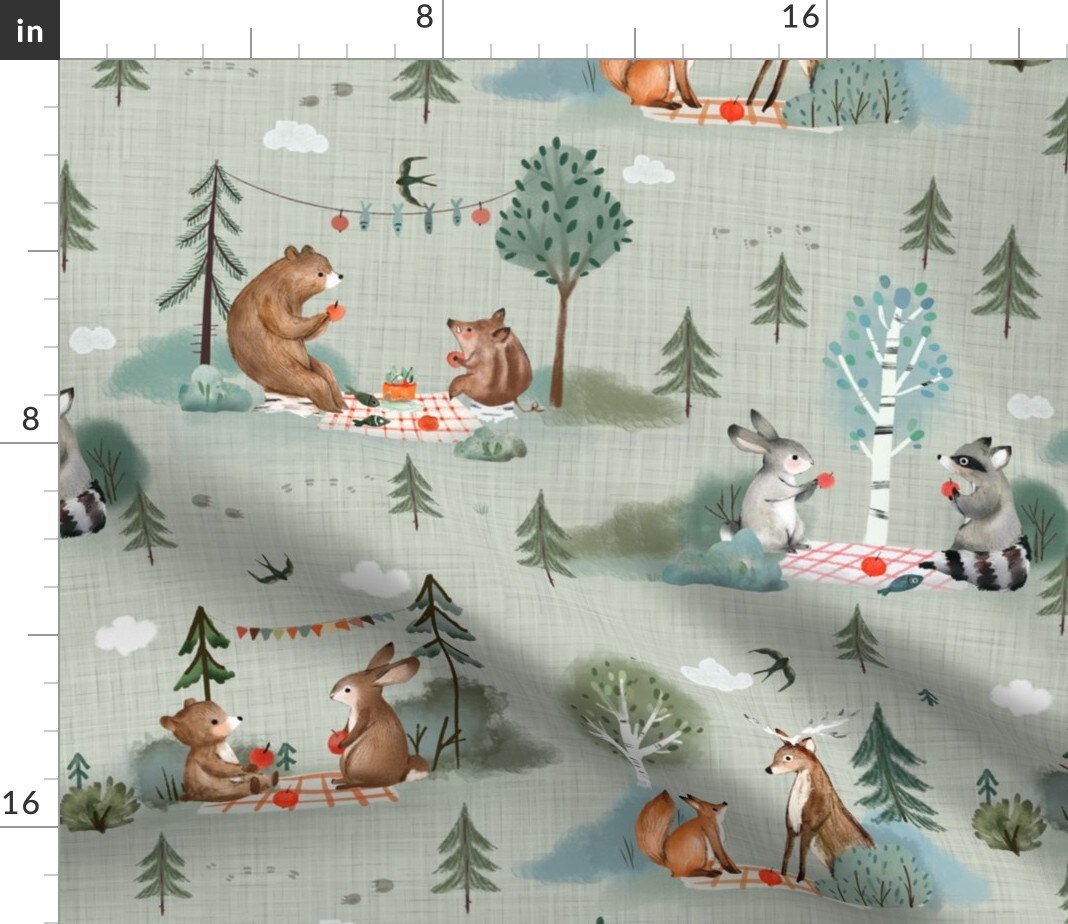 Mint Sage Green Woodland Animals Camping Outdoors Custom Printed Fabric by Spoonflower Various Fabrics by the Yard or Fat Quarter