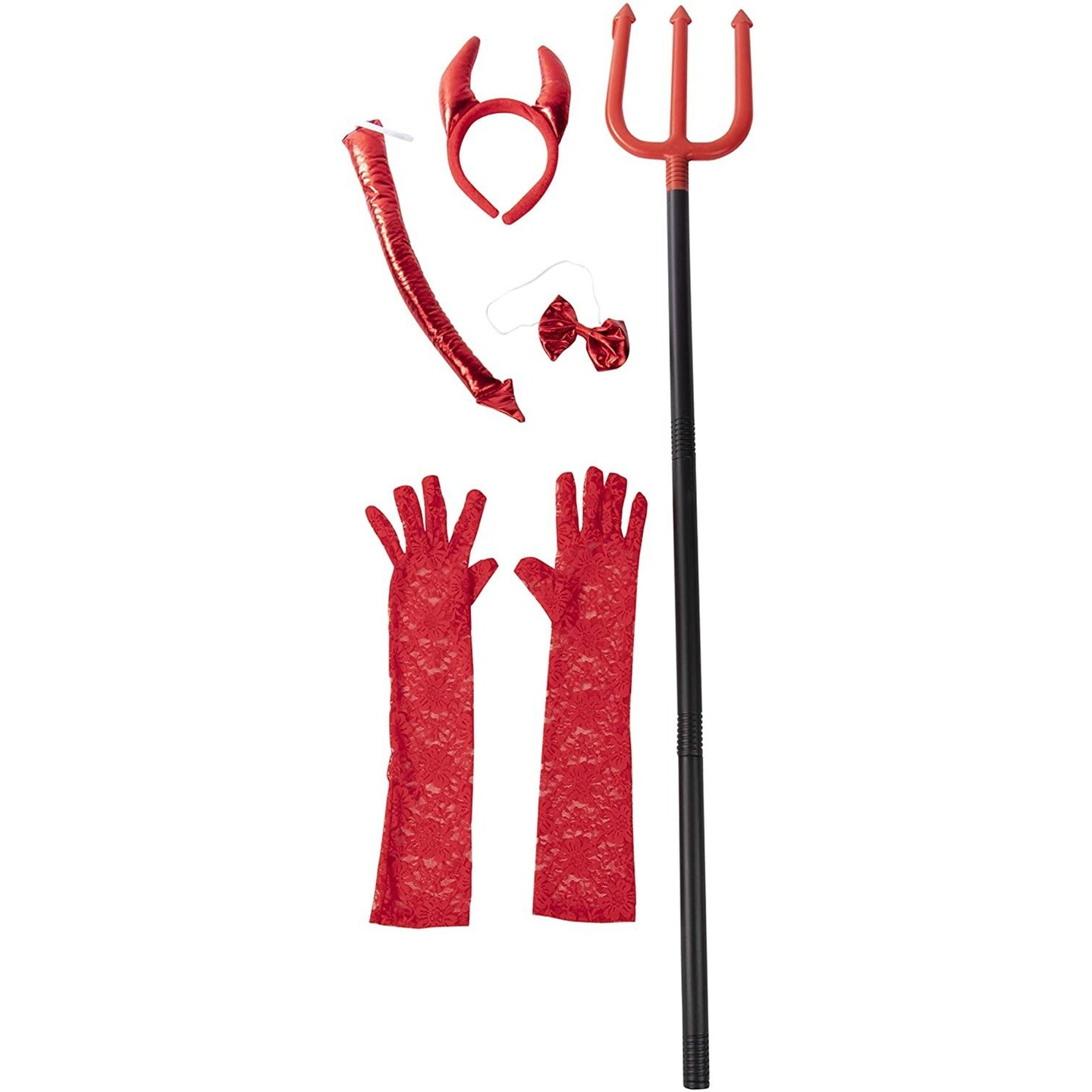BLUE PANDA 5-Piece Devil Halloween Costume with Red Felt Horned Headband,  Bow Tie, Tail, Pitchfork, and Lace Gloves, Complete Girls Devil Costume Set  for Halloween Parties and Dress-Up - Red Pitchfork, Color: