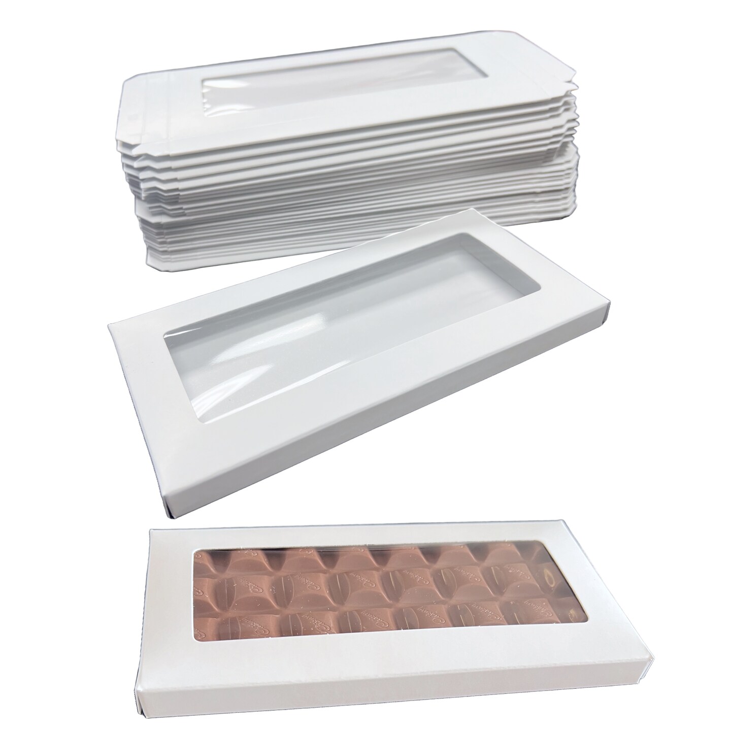 Made in USA - 25-50 Boxes - Chocolate Bar Boxes - Fillable (empty) White with Clear Cello Window - Food Safe