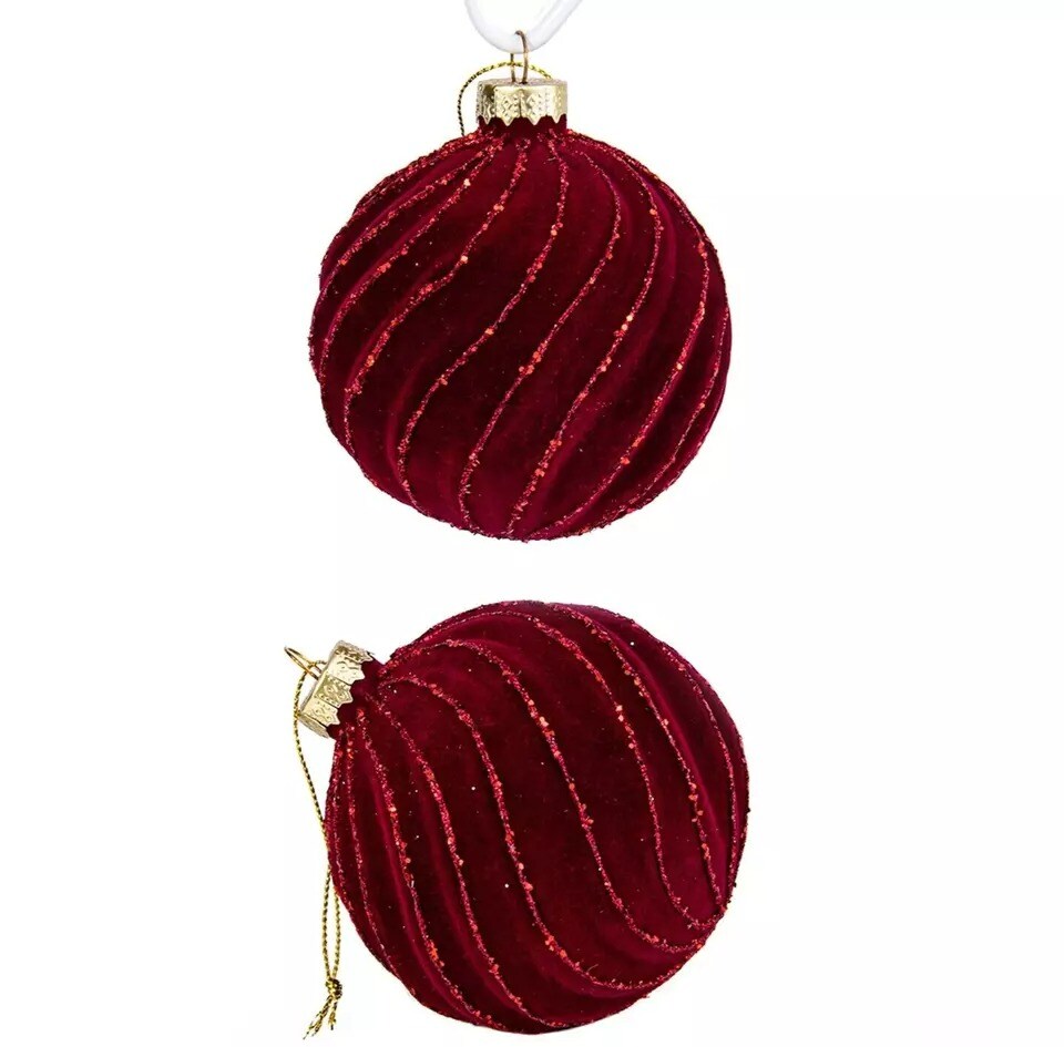 SET OF 2 Red Velvet Flocked Ornaments, Glass Baubles, Christmas Globes 3.15&#x22;
