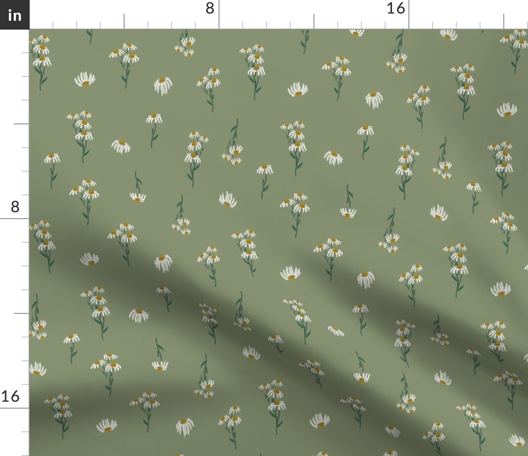 Green Botanical Daisy Flowers Spring Watercolor Floral Petals Country Farmhouse Custom Printed Fabric by Spoonflower Various Fabrics by the Yard or Fat Quarter