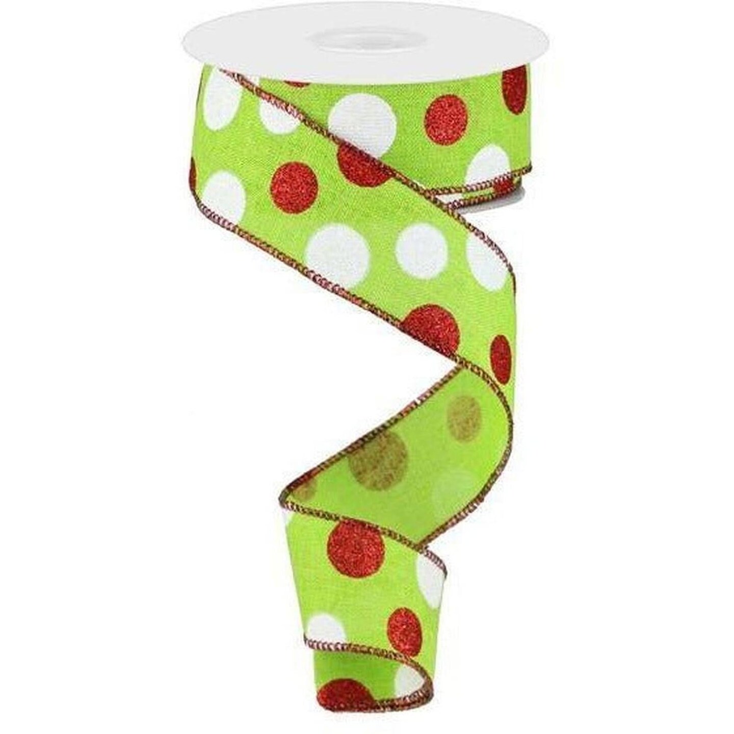 1.5" Multi Glitter Dots Ribbon: Lime Green, Red, White (10 Yards)
