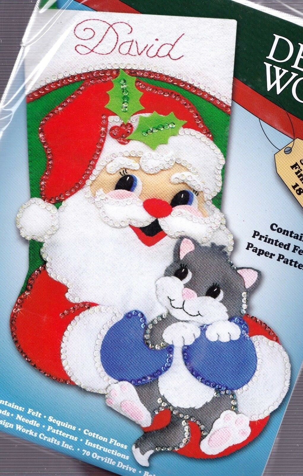 DIY Design Works Santa Kitten Gray Cat Holiday Christmas Felt Stocking kit 5255