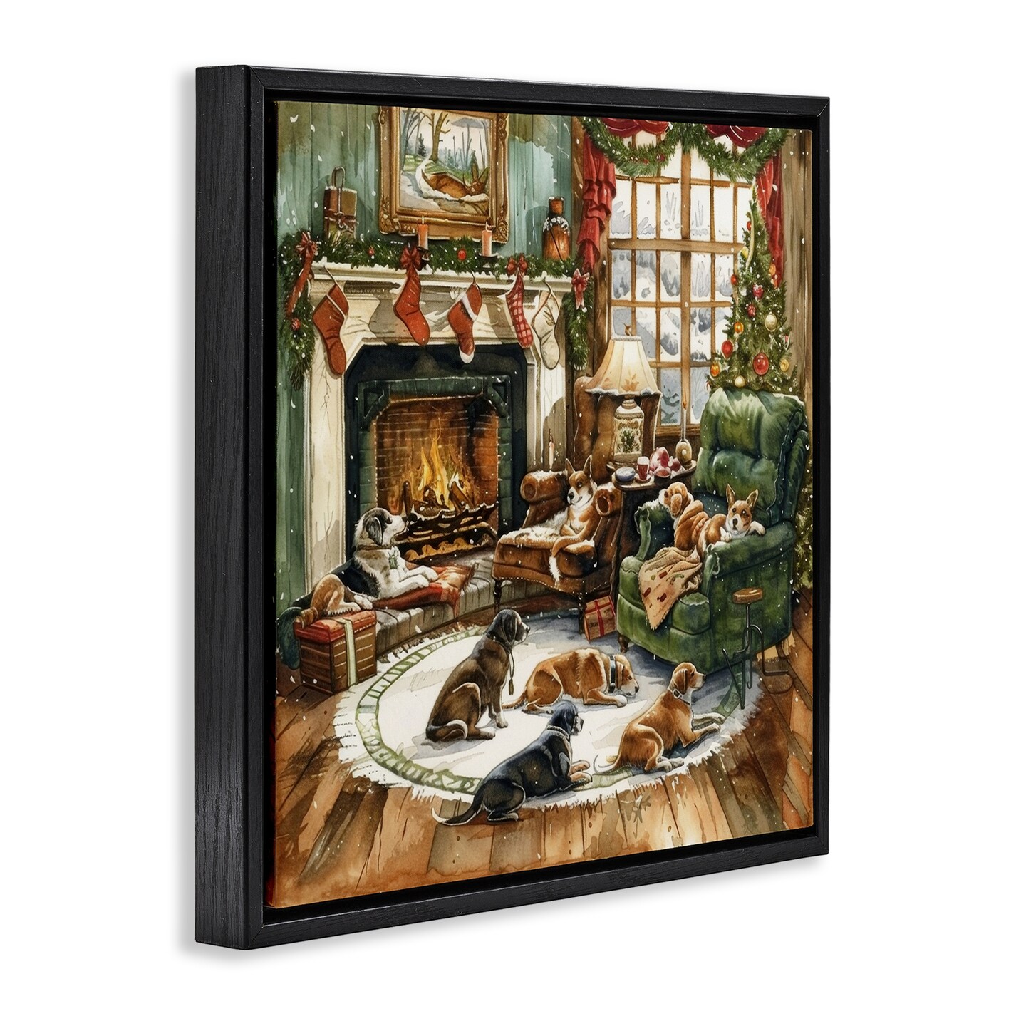 Stupell Industries Dogs Around Christmas Fireplace Floating Frame, design by LSR Design Studio