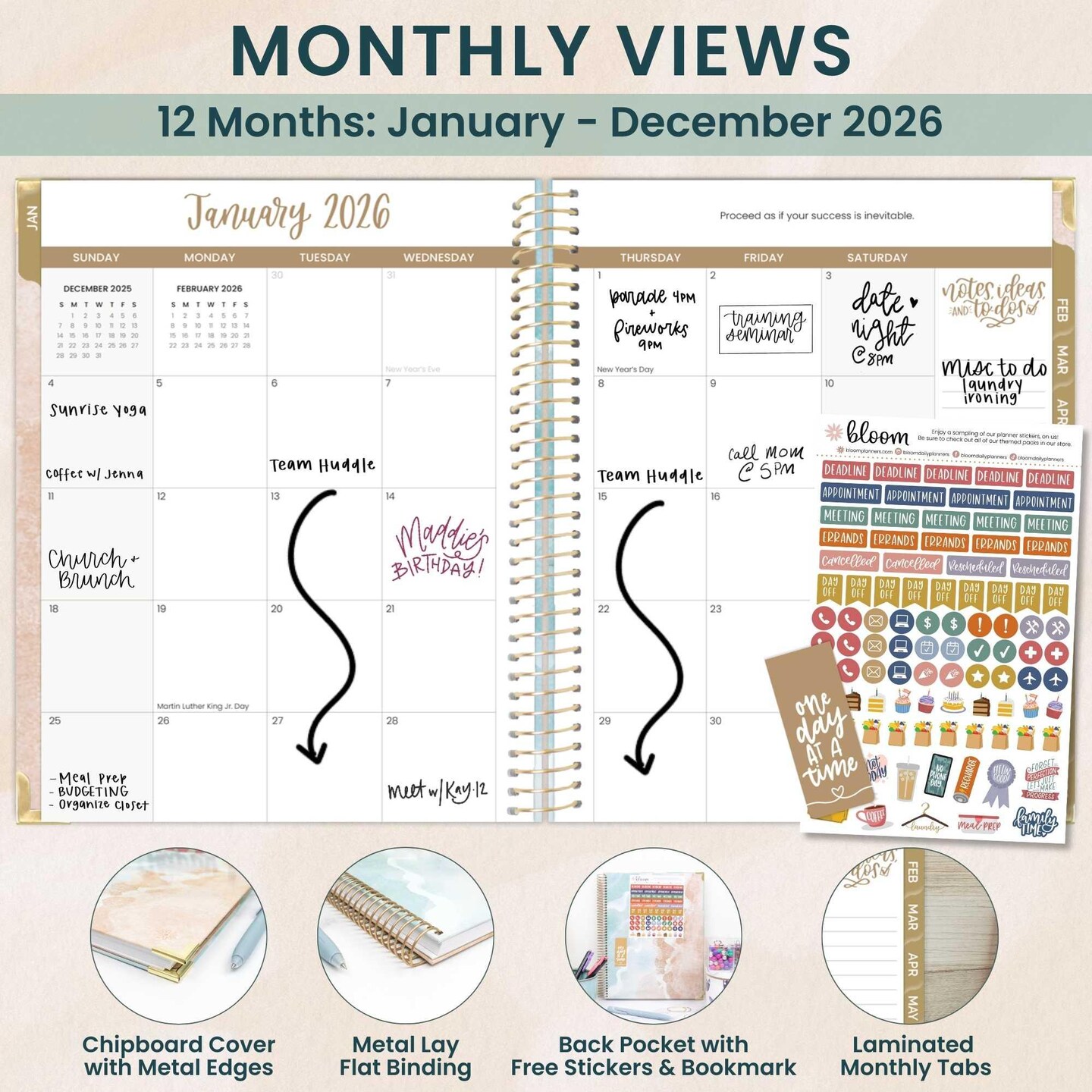 bloom daily planners 2026 Hard Cover Weekly & Monthly Planner, 8.5" x 11", Ocean Oasis