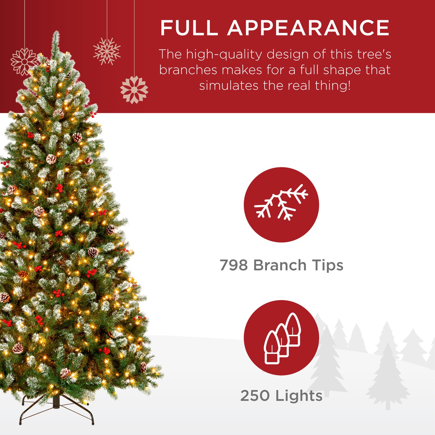 Best Choice Products Pre-Lit Frosted Christmas Tree, Twinkling LEDs, Pinecones, Berries, Metal Base