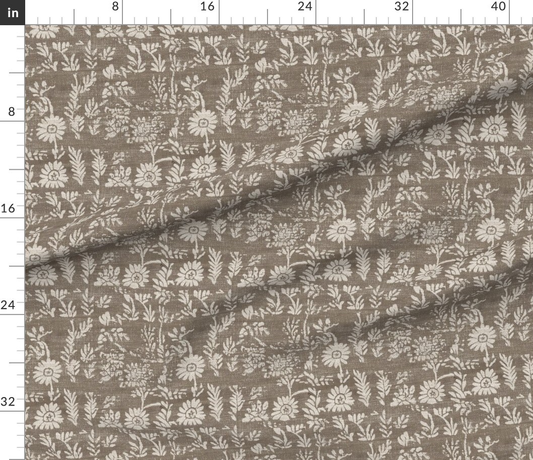 Boho Floral Neutral Brown Beige Flowers Faux Texture Botanical Rustic Block Print Farmhouse Custom Printed Fabric by Spoonflower Various Fabrics by the Yard or Fat Quarter
