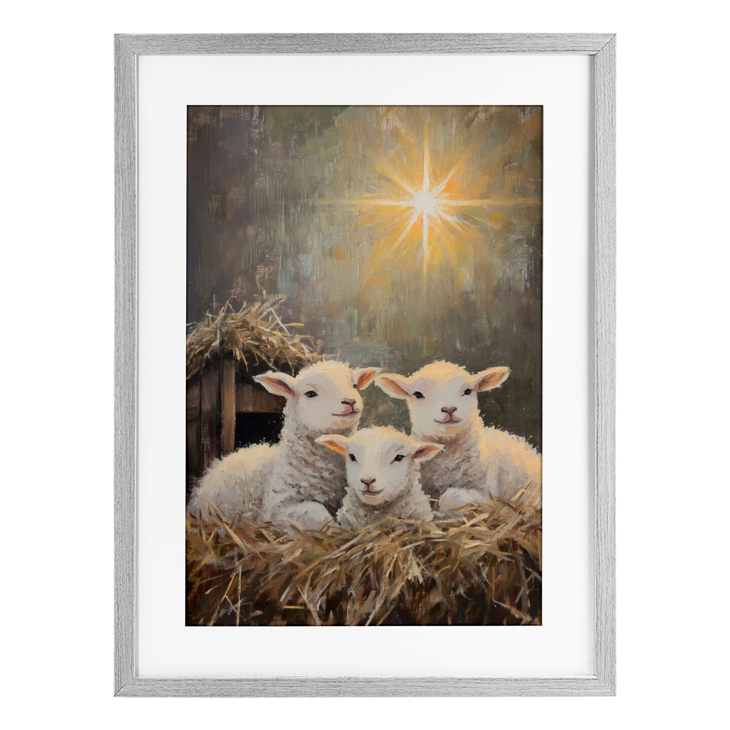 Stupell Industries Festive Lambs in Stable Framed Print Under Glass, design by Petal Prints Design