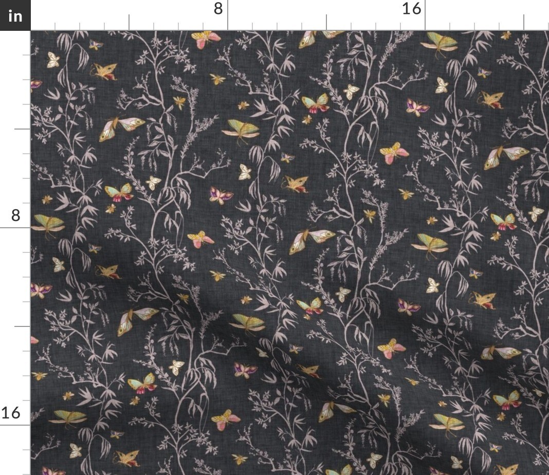 Butterflies Dark Gray Faux Linen Boho Botanical Floral Garden Chinoiserie Insects Custom Printed Fabric by Spoonflower Various Fabrics by the Yard or Fat Quarter